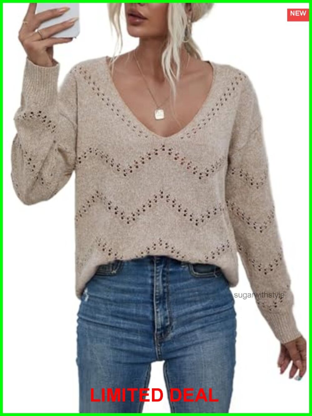 Women's Crochet Sweater Top V-Neck Long Sleeve Pullover Fall Winter